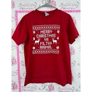 T-shirt Red Short Sleeve Graphic Tee Holiday 'Merry Christmas Ya Filthy Animal'